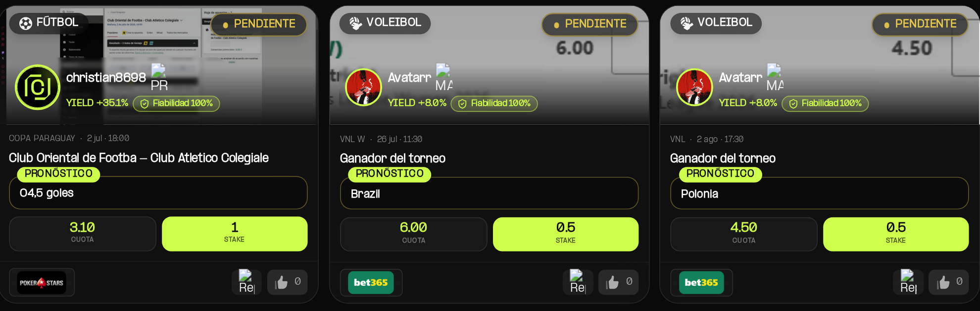 Picks reales y verificados de la Tipster League con cuota, stake y fiabilidad de cada tipster